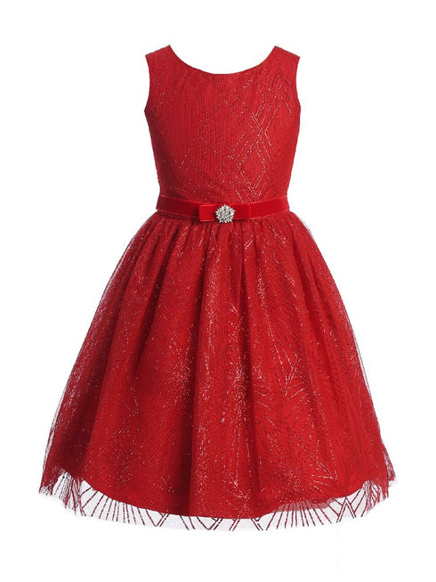 Kids Dream Girls Diamond Mesh Overlay Velvet Trim Brooch Dress 2T-14 - SophiasStyle.com
