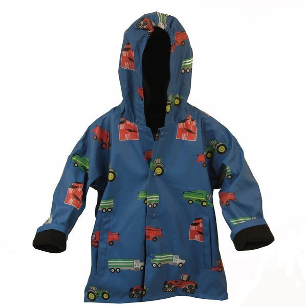 Foxfire Little Boys Blue Farm Equipment Print Hooded Raincoat 1T-6 - SophiasStyle.com