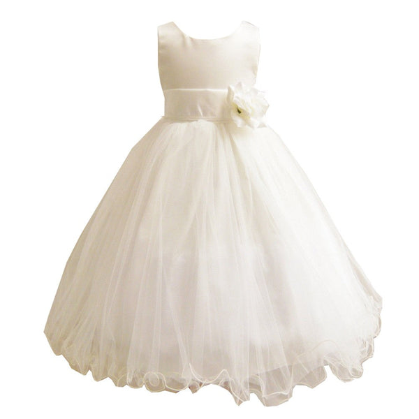 Little Girls Ivory Sash Satin Tulle 3 Layer Tea-Length Flower Girl Dress 12M-6 - SophiasStyle.com