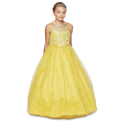 Big Girls Yellow Crystal Beading Glitter Tulle Floor Length Pageant Dress 8-16 - SophiasStyle.com