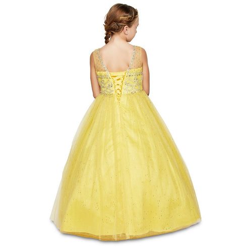 Big Girls Yellow Crystal Beading Glitter Tulle Floor Length Pageant Dress 8-16 - SophiasStyle.com