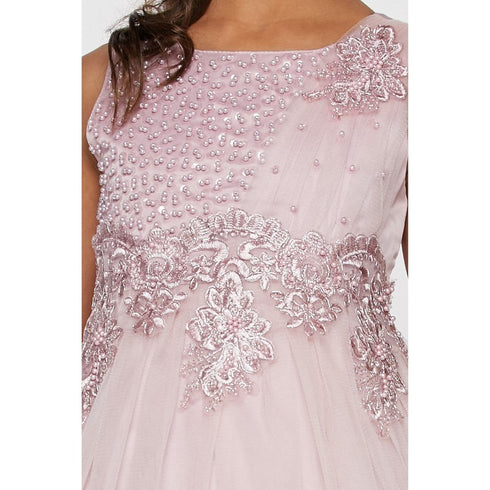Big Girls Dusty Rose Pearl Bead Coiled Lace Tulle Junior Bridesmaid Dress 8-14 - SophiasStyle.com