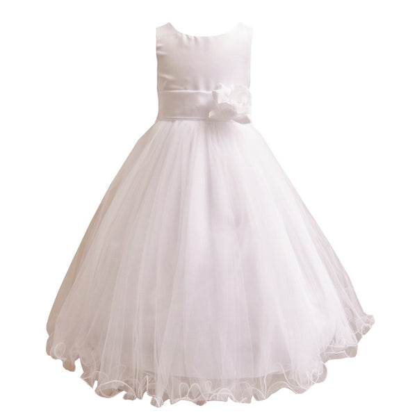 Big Girls White Sash Satin Tulle 3 Layer Tea-Length Flower Girl Dress 8-12 - SophiasStyle.com