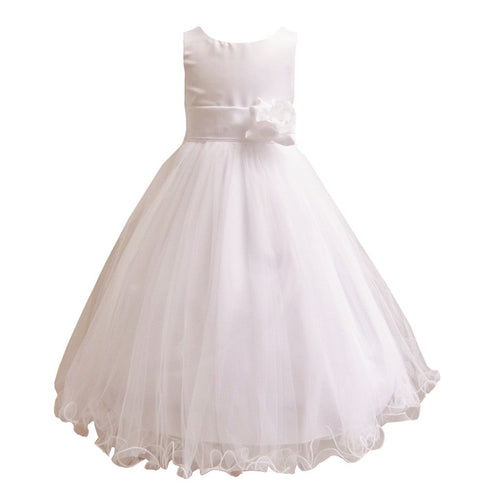 Little Girls White Sash Satin Tulle 3 Layer Tea-Length Flower Girl Dress 12M-6 - SophiasStyle.com