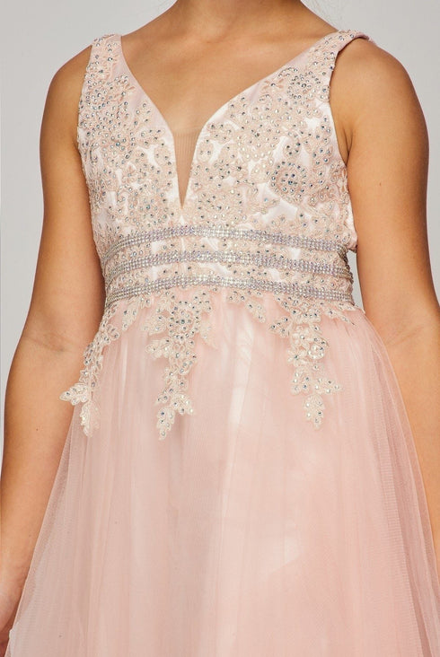 Girls Champagne Dazzling Rhinestone Lace Soft Tulle Pageant Dress 2-16 - SophiasStyle.com
