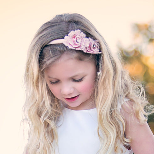 Petite Adele Girls Blush 3D Flowers Handmade Hard Headband - SophiasStyle.com