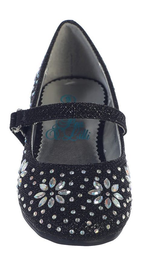 Swea Pea & Lilli Little Girls Black Glitter Floral Stud Flat Shoes 5-10 Toddler - SophiasStyle.com