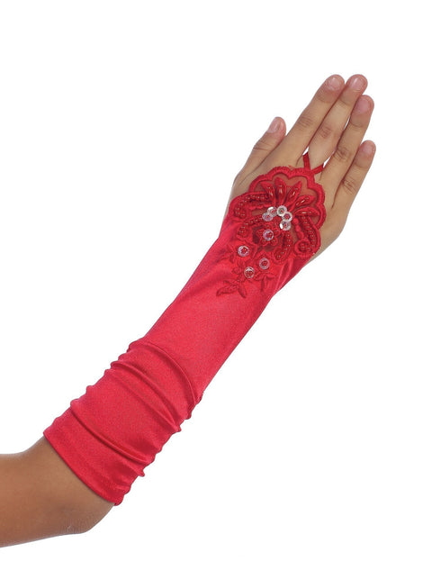 Girls Red Floral Embroidery Fingerless Long Special Occasion Gloves 4-14 - SophiasStyle.com