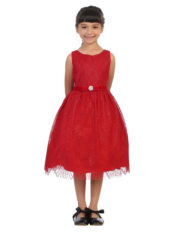 Kids Dream Girls Diamond Mesh Overlay Velvet Trim Brooch Dress 2T-14 - SophiasStyle.com