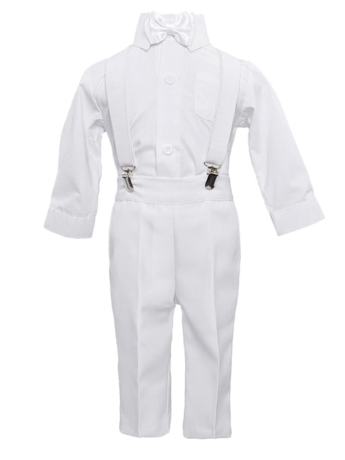 Baby Boys White 4pc Romper Pants Bow Tie Suspenders Christening Outfit NB-24M - SophiasStyle.com