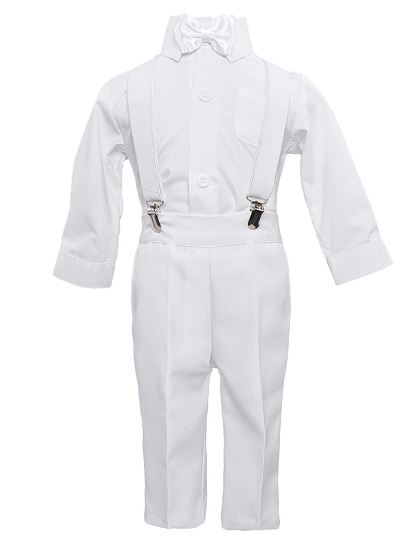 Baby Boys White 4pc Romper Pants Bow Tie Suspenders Christening Outfit NB-24M - SophiasStyle.com