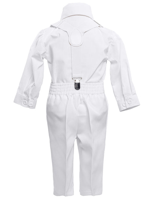 Baby Boys White 4pc Romper Pants Bow Tie Suspenders Christening Outfit NB-24M - SophiasStyle.com