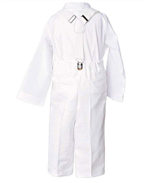 Baby Boys White Linen 4pc Romper Pants Tie Suspenders Christening Outfit NB-24M - SophiasStyle.com