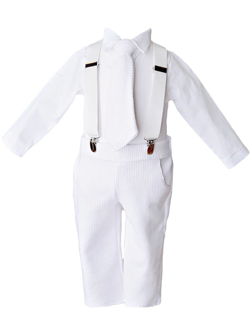 Baby Boys White Knit 4pc Romper Pants Tie Suspenders Christening Outfit NB-24M - SophiasStyle.com