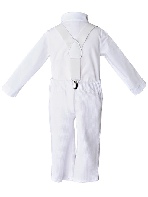 Baby Boys White Knit 4pc Romper Pants Tie Suspenders Christening Outfit NB-24M - SophiasStyle.com