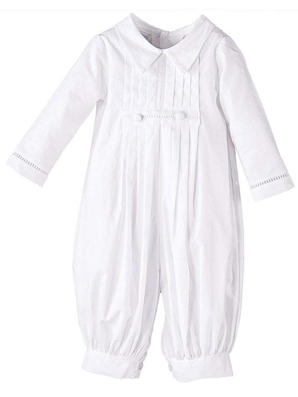 Baby Boys White Pleated Long Sleeve Baptism Romper Hat Set Newborn-24M - SophiasStyle.com