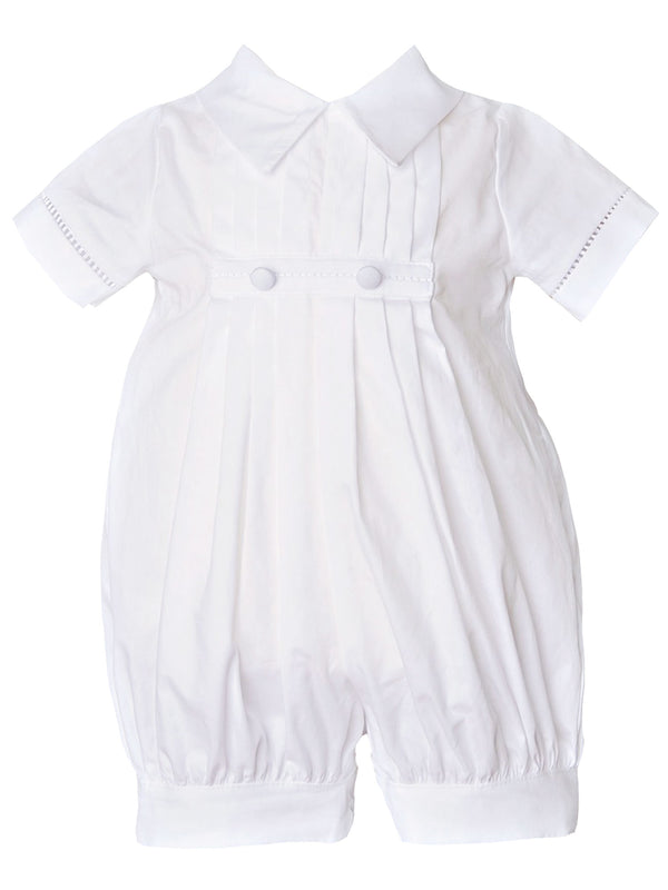 Baby Boys White Pleated Short Sleeve Button Baptism Romper Hat Set Newborn-24M - SophiasStyle.com