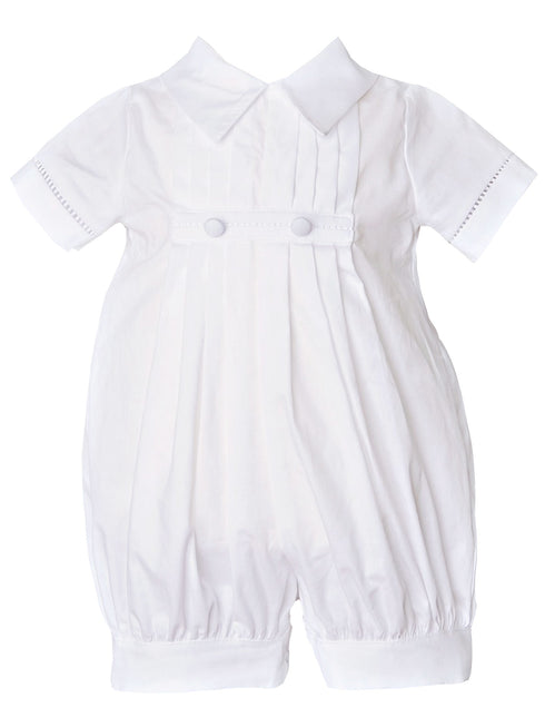 Baby Boys White Pleated Short Sleeve Button Baptism Romper Hat Set Newborn-24M - SophiasStyle.com