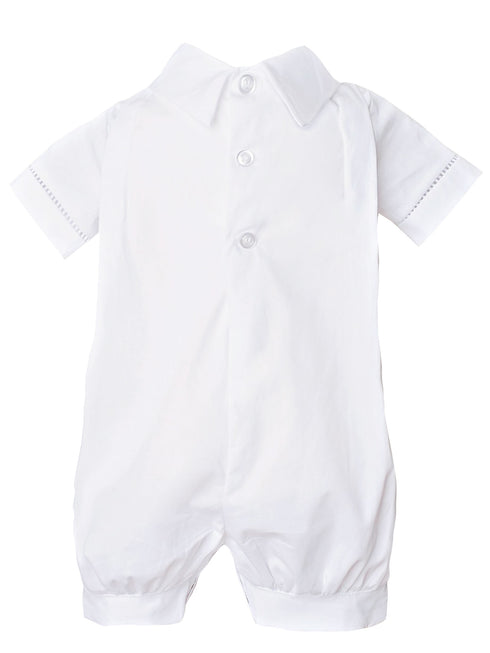 Baby Boys White Pleated Short Sleeve Button Baptism Romper Hat Set Newborn-24M - SophiasStyle.com