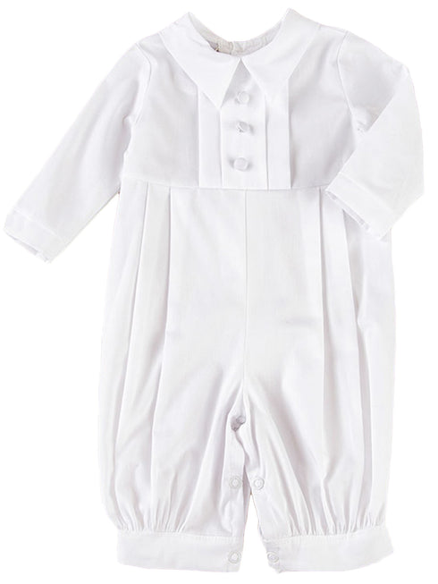 Baby Boys White Pleated Long Sleeve Long Baptism Cotton Coverall Hat Set 0-24M - SophiasStyle.com