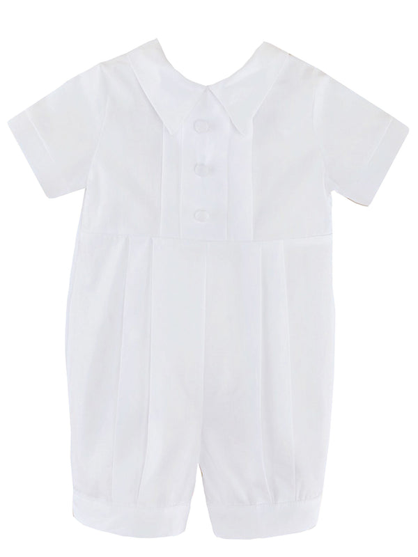 Baby Boys White Pleated Bodice Short Sleeve Baptism Romper Hat Set 0-24M - SophiasStyle.com
