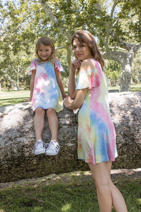 Petite Adele Little Girls Blue Cold Shoulders Tie-Dye Summer Dresses 2T-8 - SophiasStyle.com