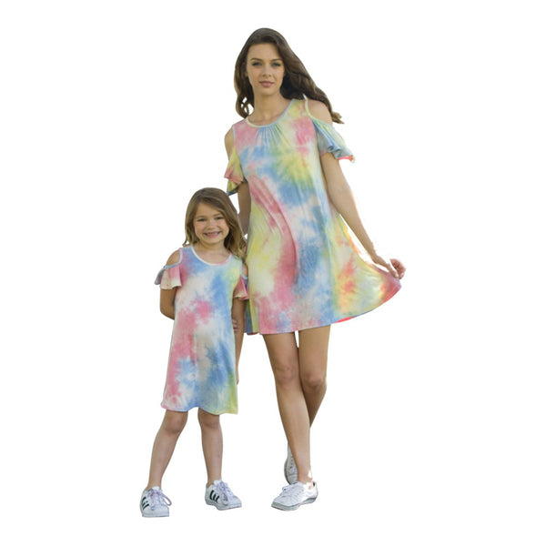Petite Adele Little Girls Blue Cold Shoulders Tie-Dye Summer Dresses 2T-8 - SophiasStyle.com
