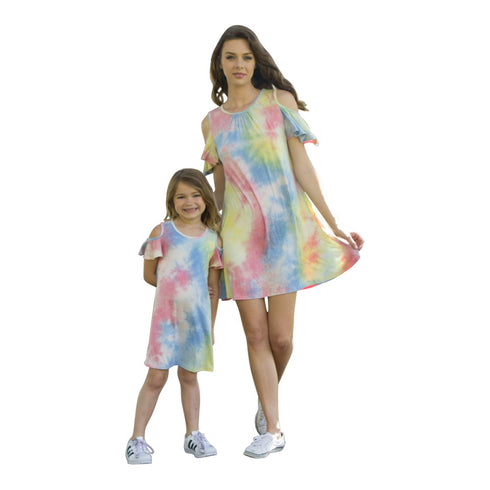 Petite Adele Little Girls Blue Cold Shoulders Tie-Dye Summer Dresses 2T-8 - SophiasStyle.com