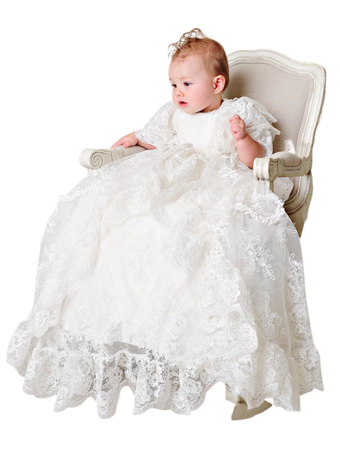 Little Things Mean A Lot Baby Girls Pearl White Satin Silk Royal Christening Gown Outfit, Sizes 3-12M - SophiasStyle.com