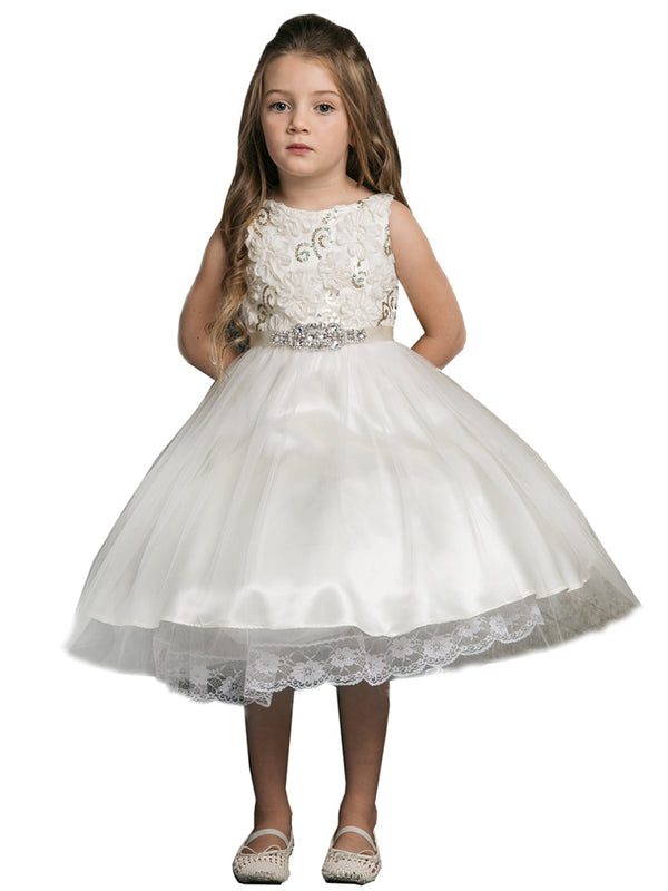 Petite Adele Little Girls Ivory 3D Floral Beaded Belt Flower Girl Dress 2-6 - SophiasStyle.com
