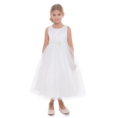 Petite Adele Little Girls Ivory Dull Satin Glitter Brooch Flower Girl Dress 2T-6 - SophiasStyle.com