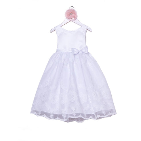 Petite Adele Little Girls White Satin Organza Embroidered Flower Girl Dress 2T-6 - SophiasStyle.com