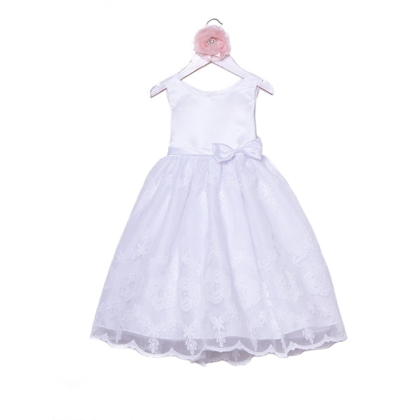 Petite Adele Little Girls White Satin Organza Embroidered Flower Girl Dress 2T-6 - SophiasStyle.com