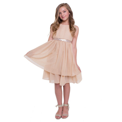 Petite Adele Big Girls Champagne Chiffon Sequence Junior Bridesmaid Dress 8-16 - SophiasStyle.com