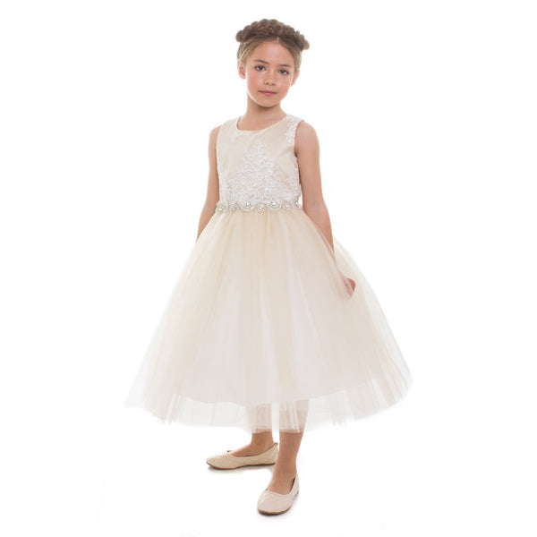 Petite Adele Big Girls Champagne Beaded Applique Junior Bridesmaid Dress 8-12 - SophiasStyle.com