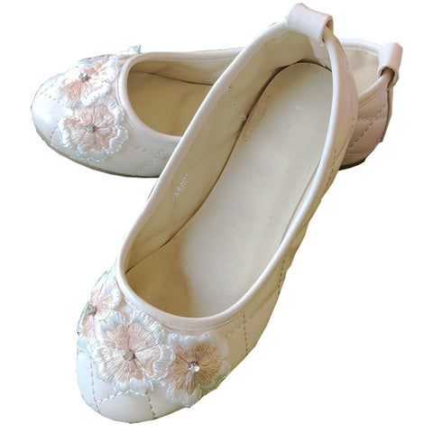 Petite Adele Little Girls Champagne 3D Flowers Dress Shoes 6-10T - SophiasStyle.com