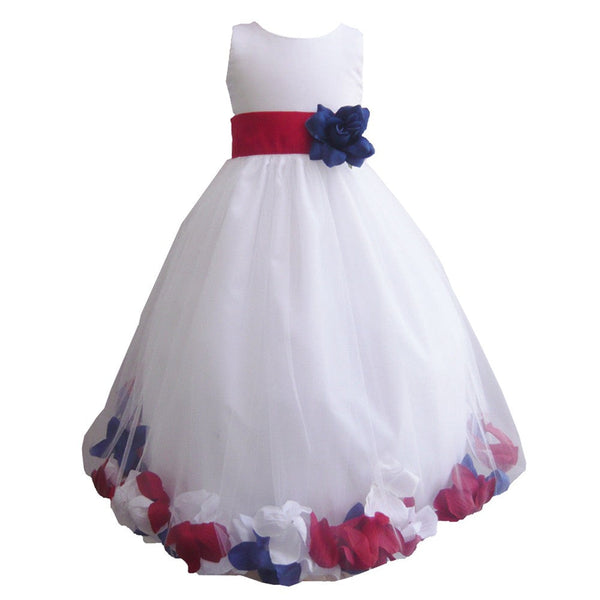 Little Girls White Red Blue Petals Satin Tulle 3 Layer Bridesmaid Dress 2-6 - SophiasStyle.com