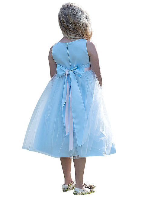 Petite Adele Little Girls Light Blue Dull Satin Tulle Broche Flower Girl Dress 2T-6 - SophiasStyle.com