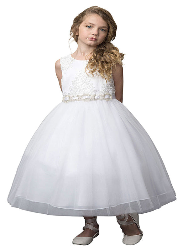 Petite Adele Little Girls White Silk Beaded Rhinestone Belt Flower Girl Dress 2T-6 - SophiasStyle.com