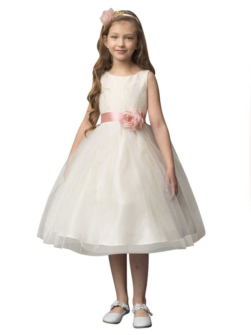 Petite Adele Big Girls Yellow Jacquard Tulle Tea Length Flower Girl Dress 8-12 - SophiasStyle.com