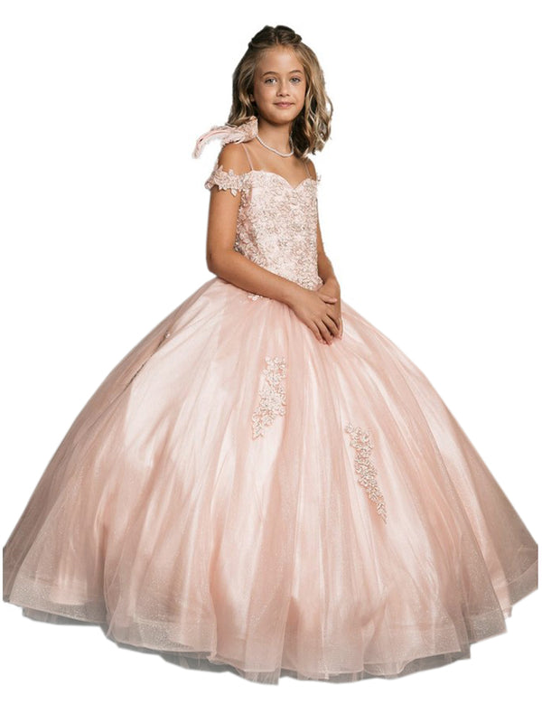 Petite Adele Little Girls Blush Embroidered Bodice Off Shoulder Tulle Gown 2-6 - SophiasStyle.com