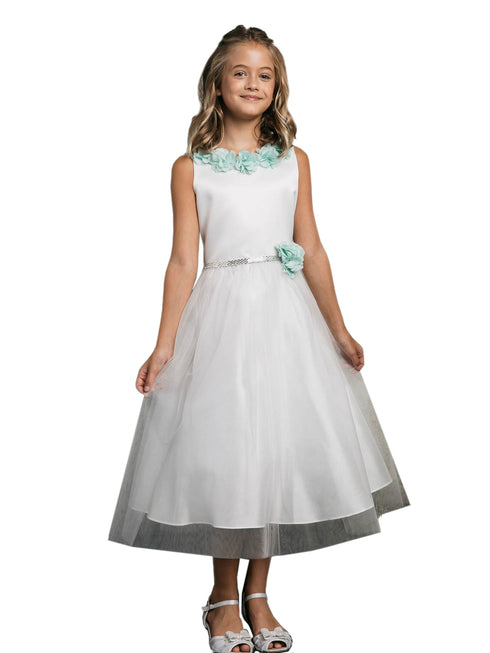 Petite Adele Big Girls Mint Chiffon Floral Brooch Junior Bridesmaid Dress 8-20 - SophiasStyle.com