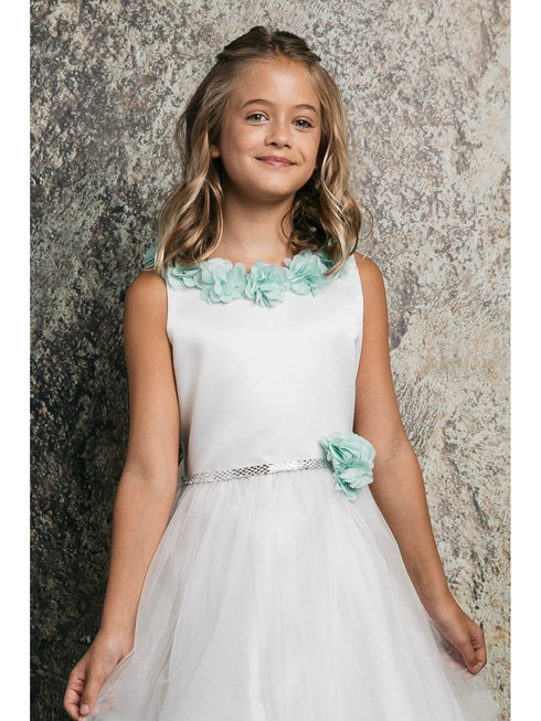 Petite Adele Big Girls Mint Chiffon Floral Brooch Junior Bridesmaid Dress 8-20 - SophiasStyle.com