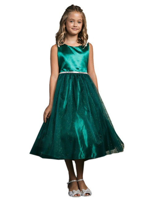 Petite Adele Big Girls Hunter Green Beaded Shoulder Crystal Belt Gown 8-16 - SophiasStyle.com