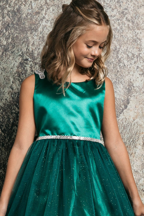 Petite Adele Big Girls Hunter Green Beaded Shoulder Crystal Belt Gown 8-16 - SophiasStyle.com
