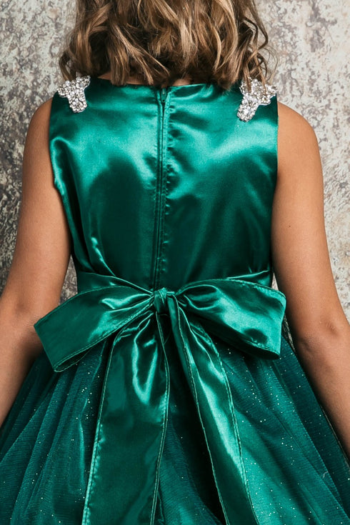 Petite Adele Big Girls Hunter Green Beaded Shoulder Crystal Belt Gown 8-16 - SophiasStyle.com