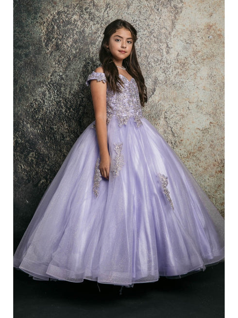 Petite Adele Big Girls Lilac Embroidered Bodice Off Shoulder Tulle Gown 8-16 - SophiasStyle.com