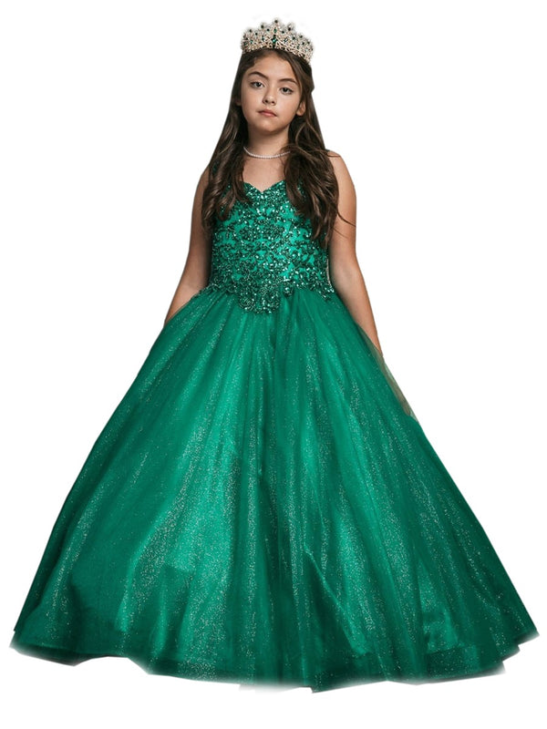 Petite Adele Little Girls Emerald Green Embroidered Bodice Tulle Gown 2-6 - SophiasStyle.com