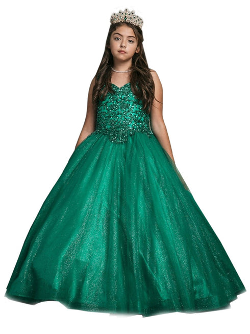 Petite Adele Big Girls Emerald Green Embroidered Bodice Glitter Tulle Gown 8-16 - SophiasStyle.com