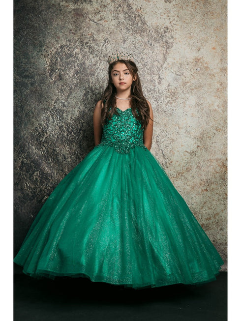 Petite Adele Big Girls Emerald Green Embroidered Bodice Glitter Tulle Gown 8-16 - SophiasStyle.com